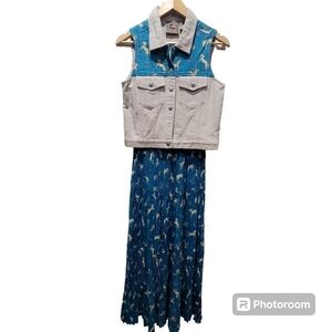 🚨$30 Small Twill 100% Cotton Print 100% Payon Teal Tan Vest & Maxi Skirt